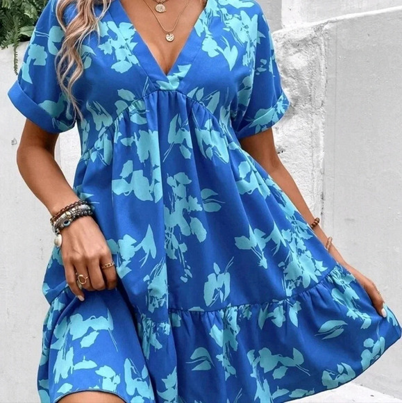 . Dresses & Skirts - Floral Print Batwing Sleeve Ruffle Hem Smock Dress